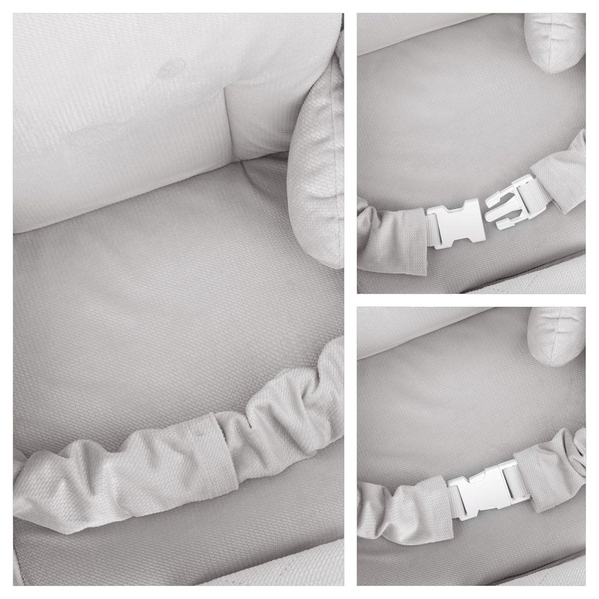 Nærbilleder af sæderne og sikkerhedsspændet - tvillingegynge i lysegrå