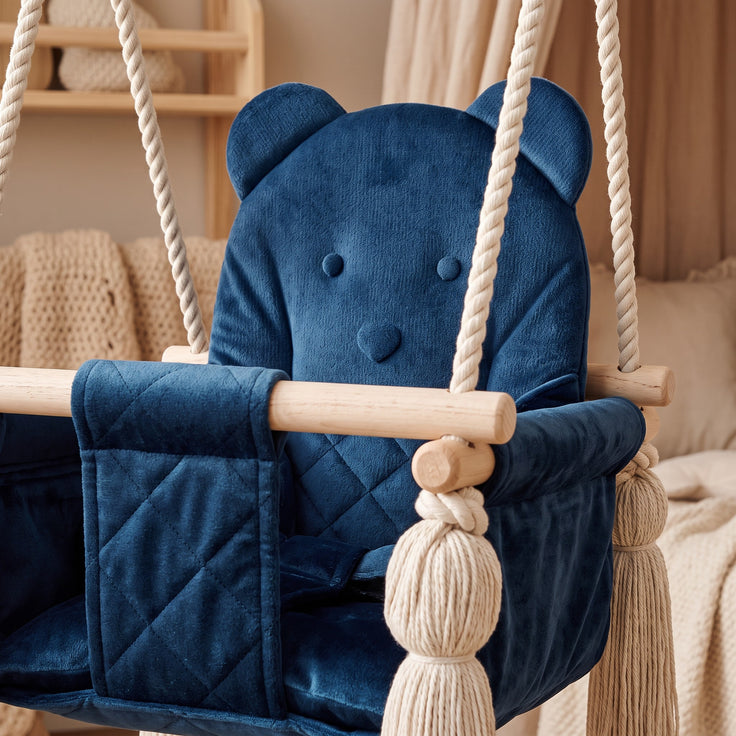 Blødt marineblå fløjlssæde med sødt bjørnedesign - babygynge - Nid Magique