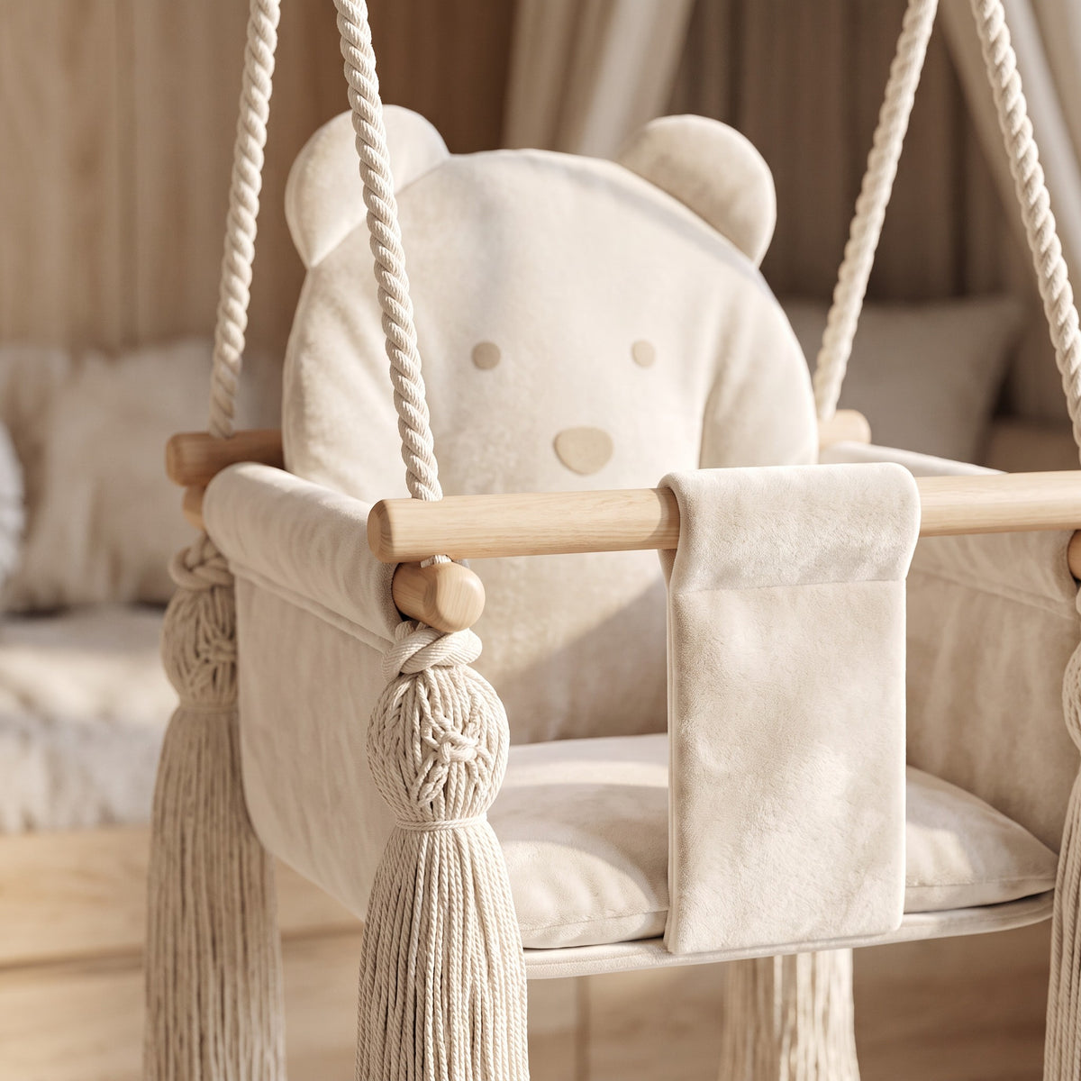 Blødt natur fløjlssæde med sødt bjørnedesign - babygynge - Nid Magique