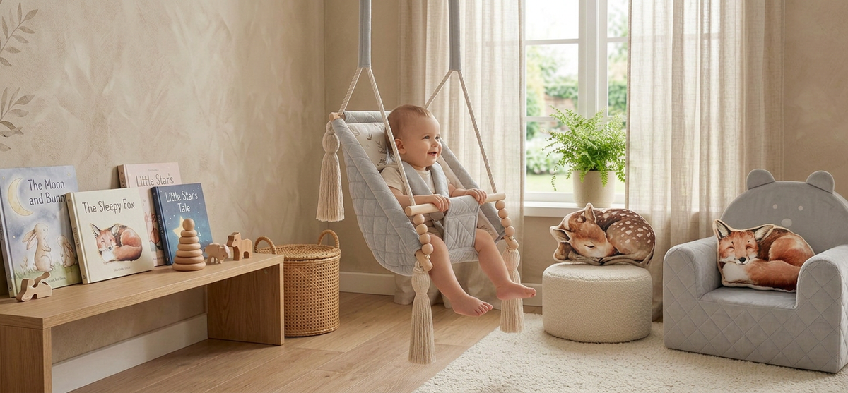 Babygynge 3-i-1 lysegrå i børneværelse – Nid Magique