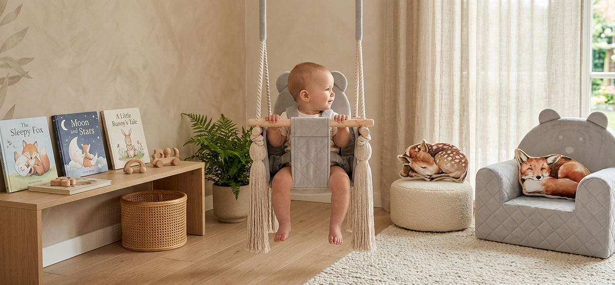Babygynge i fløjl lysegrå i børneværelse – Nid Magique