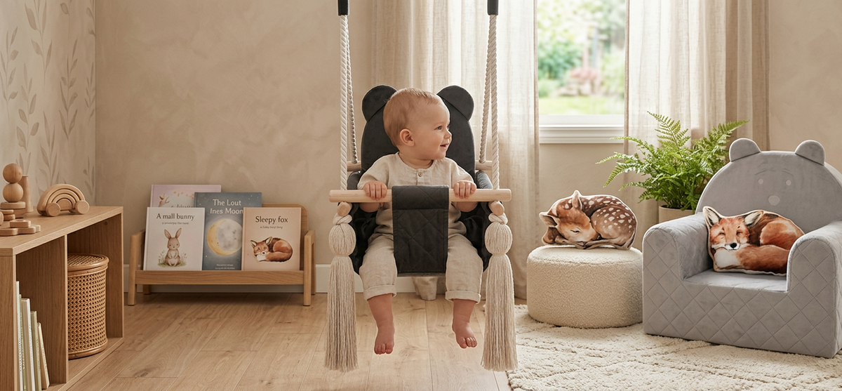 Babygynge i fløjl mørkegrå i børneværelse – Nid Magique