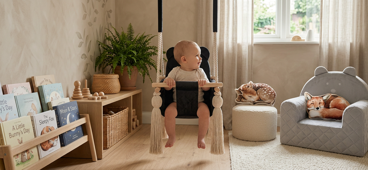 Babygynge i fløjl sort i børneværelse – Nid Magique