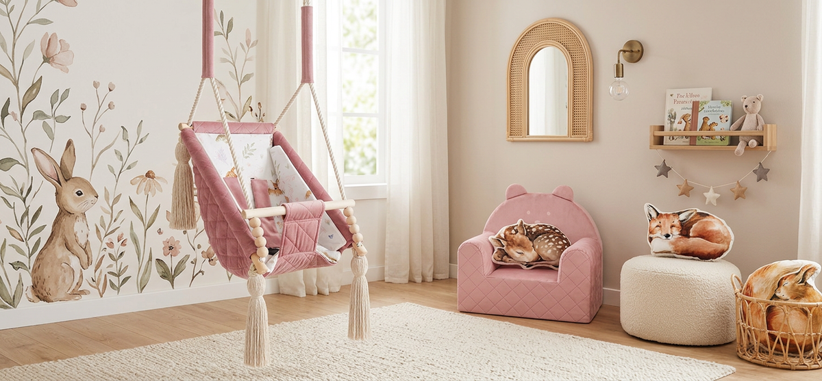 Lyst blush børneværelse med babygynge, børnestol og bløde dyrepuder – Nid Magique